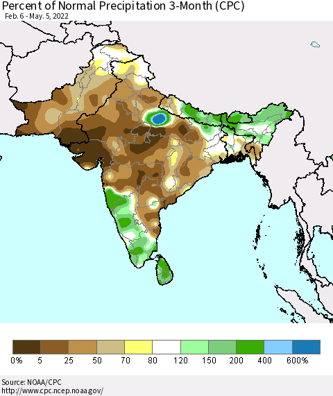 Southern Asia Percent of Normal Precipitation 3-Month (CPC) Thematic Map For 2/6/2022 - 5/5/2022