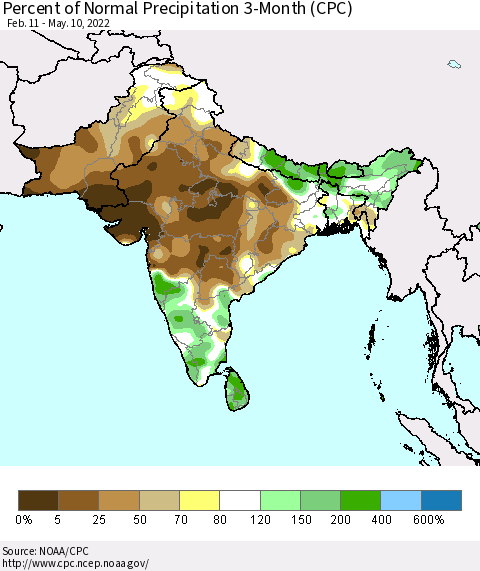 Southern Asia Percent of Normal Precipitation 3-Month (CPC) Thematic Map For 2/11/2022 - 5/10/2022