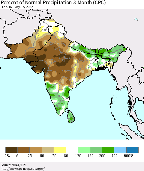 Southern Asia Percent of Normal Precipitation 3-Month (CPC) Thematic Map For 2/16/2022 - 5/15/2022