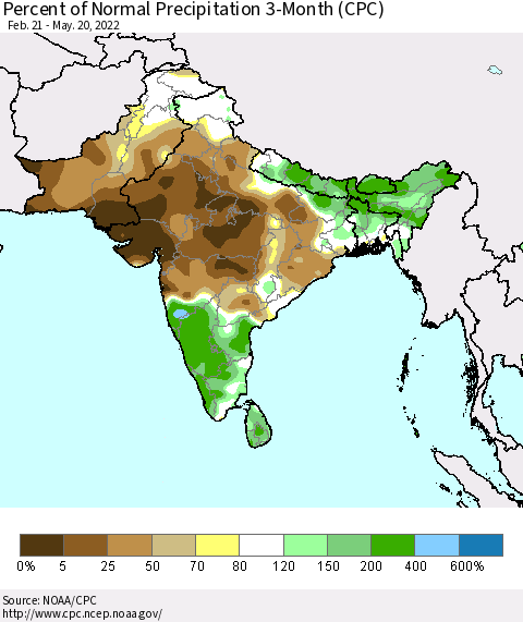 Southern Asia Percent of Normal Precipitation 3-Month (CPC) Thematic Map For 2/21/2022 - 5/20/2022