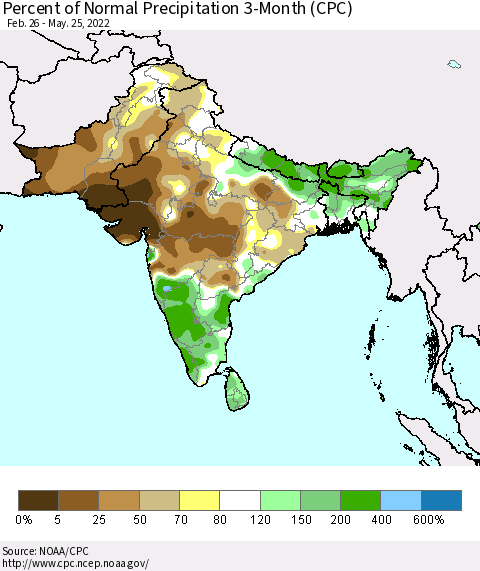 Southern Asia Percent of Normal Precipitation 3-Month (CPC) Thematic Map For 2/26/2022 - 5/25/2022