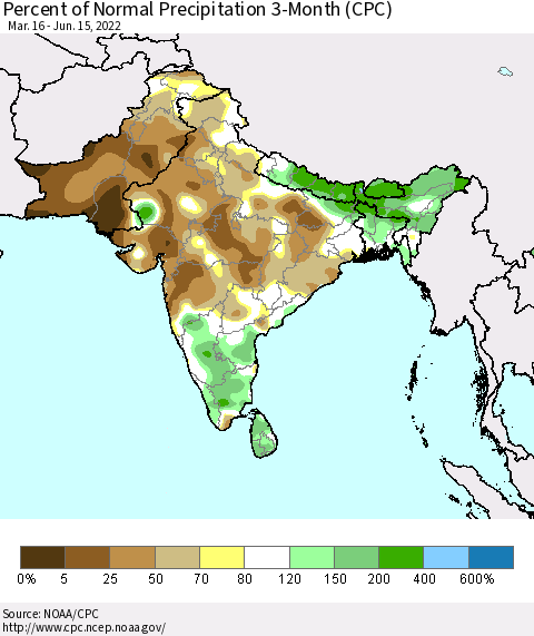 Southern Asia Percent of Normal Precipitation 3-Month (CPC) Thematic Map For 3/16/2022 - 6/15/2022