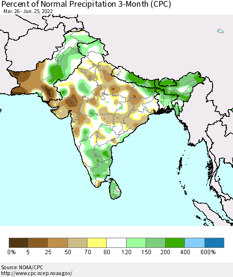 Southern Asia Percent of Normal Precipitation 3-Month (CPC) Thematic Map For 3/26/2022 - 6/25/2022