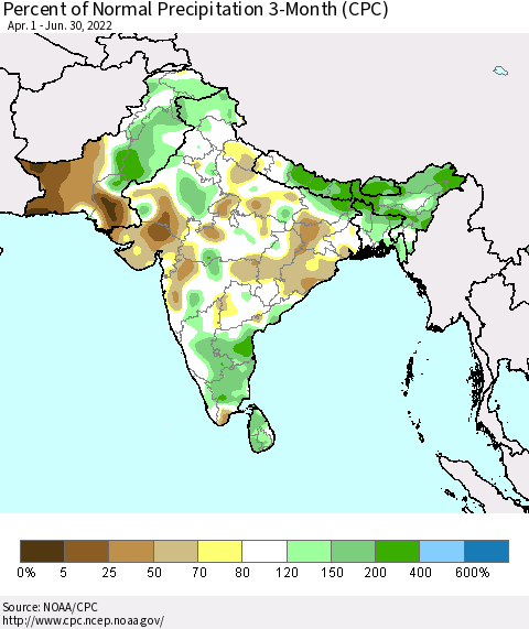 Southern Asia Percent of Normal Precipitation 3-Month (CPC) Thematic Map For 4/1/2022 - 6/30/2022
