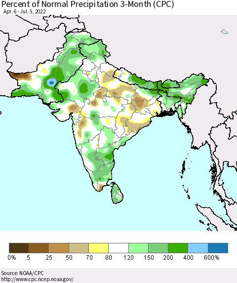 Southern Asia Percent of Normal Precipitation 3-Month (CPC) Thematic Map For 4/6/2022 - 7/5/2022