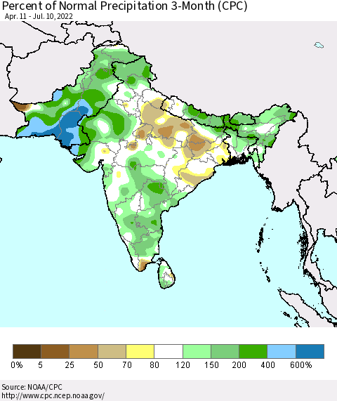 Southern Asia Percent of Normal Precipitation 3-Month (CPC) Thematic Map For 4/11/2022 - 7/10/2022
