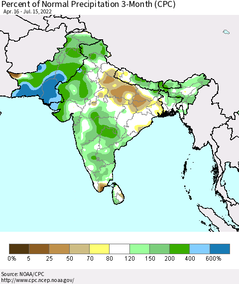 Southern Asia Percent of Normal Precipitation 3-Month (CPC) Thematic Map For 4/16/2022 - 7/15/2022