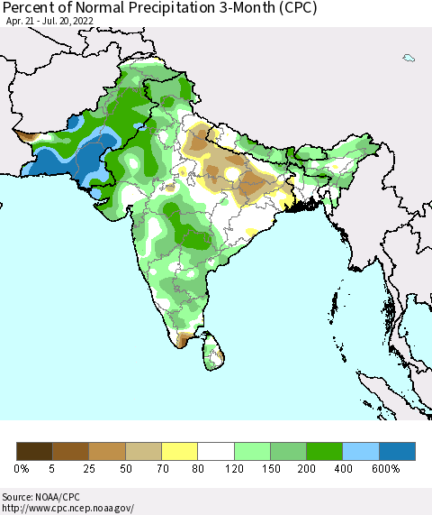 Southern Asia Percent of Normal Precipitation 3-Month (CPC) Thematic Map For 4/21/2022 - 7/20/2022