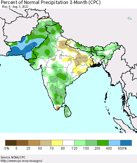Southern Asia Percent of Normal Precipitation 3-Month (CPC) Thematic Map For 5/6/2022 - 8/5/2022