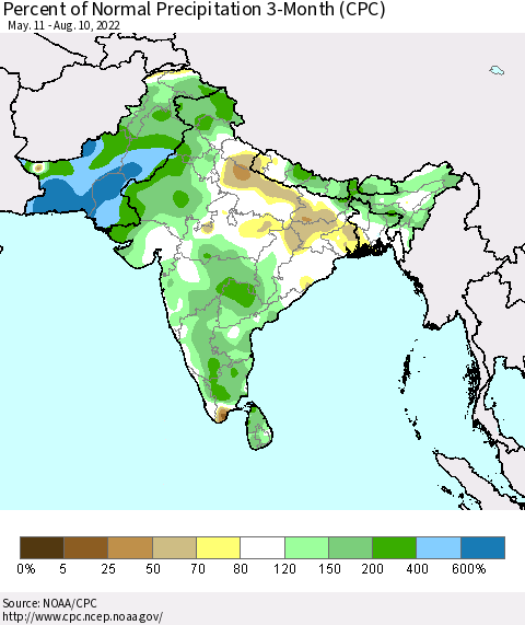 Southern Asia Percent of Normal Precipitation 3-Month (CPC) Thematic Map For 5/11/2022 - 8/10/2022