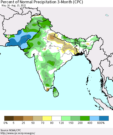 Southern Asia Percent of Normal Precipitation 3-Month (CPC) Thematic Map For 5/16/2022 - 8/15/2022