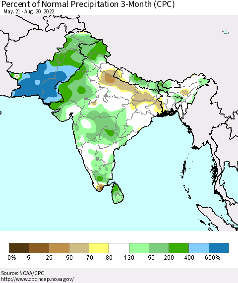 Southern Asia Percent of Normal Precipitation 3-Month (CPC) Thematic Map For 5/21/2022 - 8/20/2022