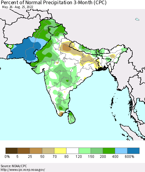 Southern Asia Percent of Normal Precipitation 3-Month (CPC) Thematic Map For 5/26/2022 - 8/25/2022