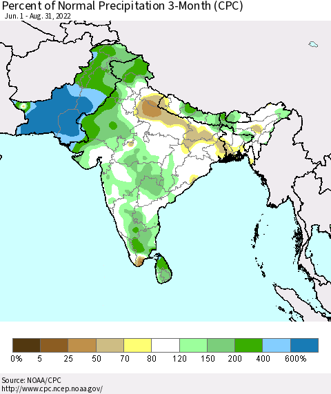 Southern Asia Percent of Normal Precipitation 3-Month (CPC) Thematic Map For 6/1/2022 - 8/31/2022