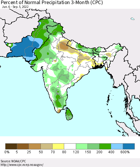 Southern Asia Percent of Normal Precipitation 3-Month (CPC) Thematic Map For 6/6/2022 - 9/5/2022