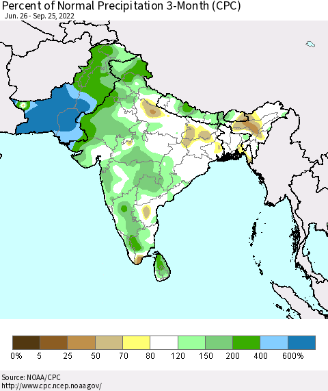 Southern Asia Percent of Normal Precipitation 3-Month (CPC) Thematic Map For 6/26/2022 - 9/25/2022