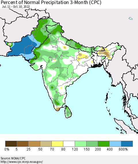 Southern Asia Percent of Normal Precipitation 3-Month (CPC) Thematic Map For 7/11/2022 - 10/10/2022