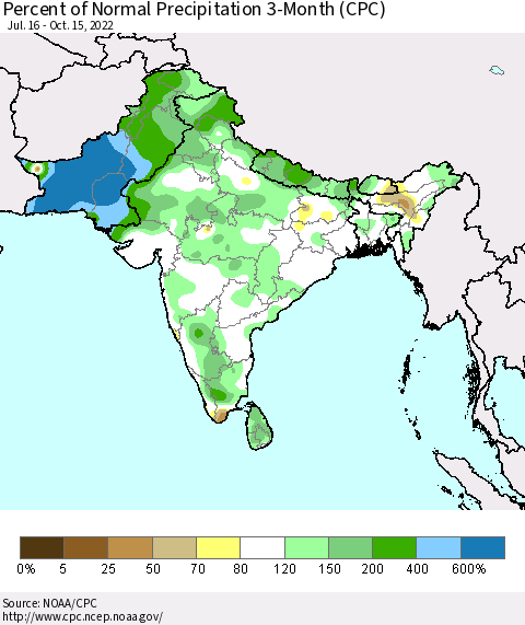 Southern Asia Percent of Normal Precipitation 3-Month (CPC) Thematic Map For 7/16/2022 - 10/15/2022
