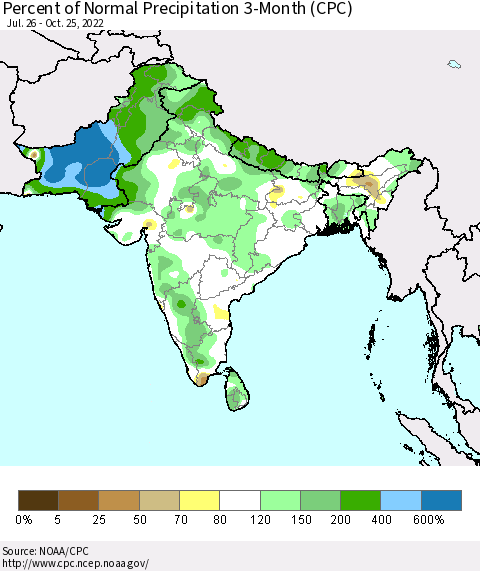 Southern Asia Percent of Normal Precipitation 3-Month (CPC) Thematic Map For 7/26/2022 - 10/25/2022