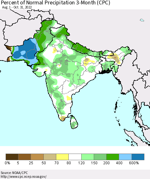 Southern Asia Percent of Normal Precipitation 3-Month (CPC) Thematic Map For 8/1/2022 - 10/31/2022