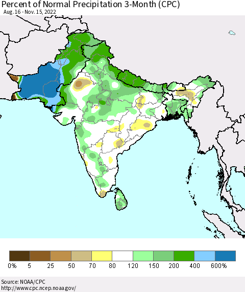 Southern Asia Percent of Normal Precipitation 3-Month (CPC) Thematic Map For 8/16/2022 - 11/15/2022
