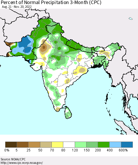 Southern Asia Percent of Normal Precipitation 3-Month (CPC) Thematic Map For 8/21/2022 - 11/20/2022