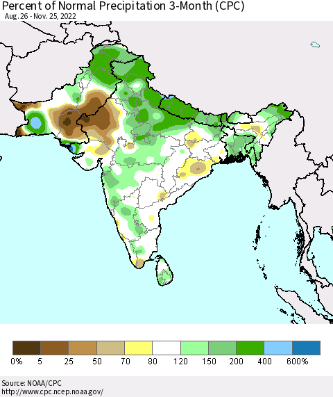Southern Asia Percent of Normal Precipitation 3-Month (CPC) Thematic Map For 8/26/2022 - 11/25/2022