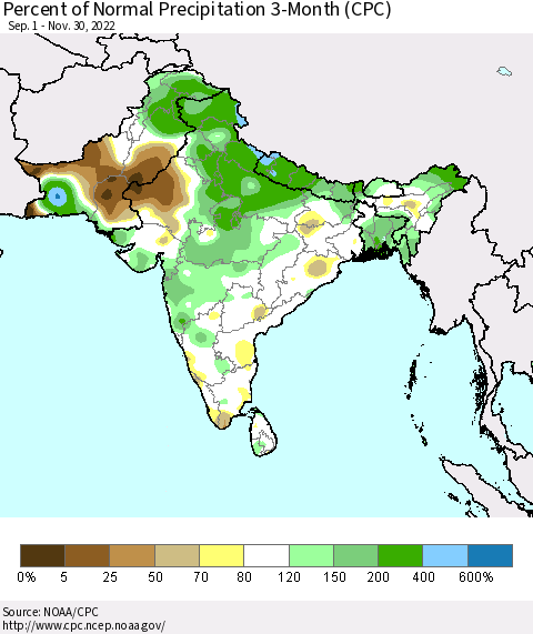 Southern Asia Percent of Normal Precipitation 3-Month (CPC) Thematic Map For 9/1/2022 - 11/30/2022