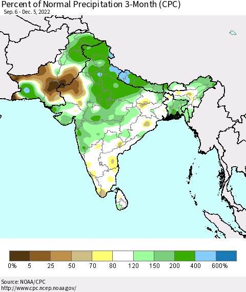 Southern Asia Percent of Normal Precipitation 3-Month (CPC) Thematic Map For 9/6/2022 - 12/5/2022