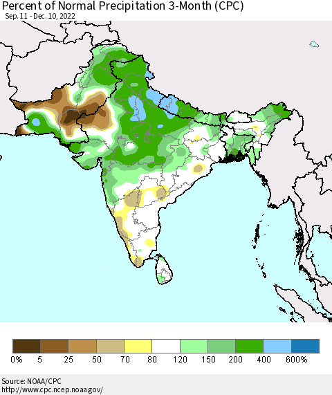 Southern Asia Percent of Normal Precipitation 3-Month (CPC) Thematic Map For 9/11/2022 - 12/10/2022