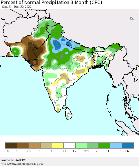 Southern Asia Percent of Normal Precipitation 3-Month (CPC) Thematic Map For 9/21/2022 - 12/20/2022
