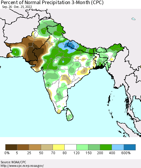 Southern Asia Percent of Normal Precipitation 3-Month (CPC) Thematic Map For 9/26/2022 - 12/25/2022