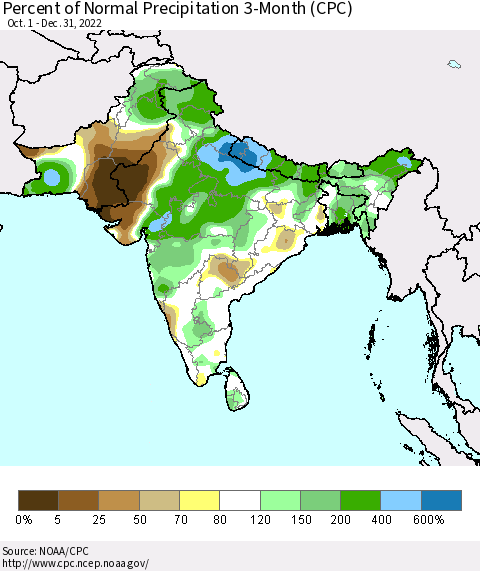 Southern Asia Percent of Normal Precipitation 3-Month (CPC) Thematic Map For 10/1/2022 - 12/31/2022
