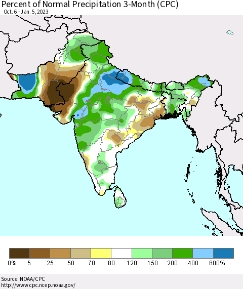 Southern Asia Percent of Normal Precipitation 3-Month (CPC) Thematic Map For 10/6/2022 - 1/5/2023
