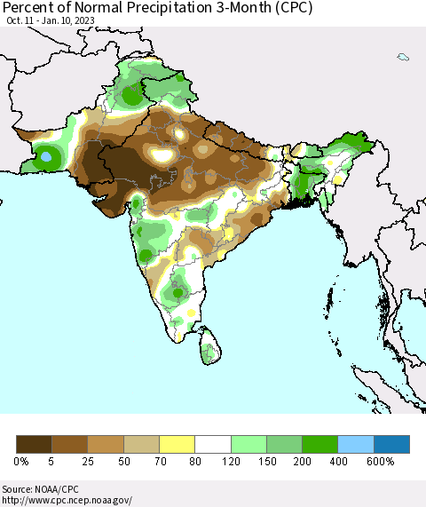 Southern Asia Percent of Normal Precipitation 3-Month (CPC) Thematic Map For 10/11/2022 - 1/10/2023