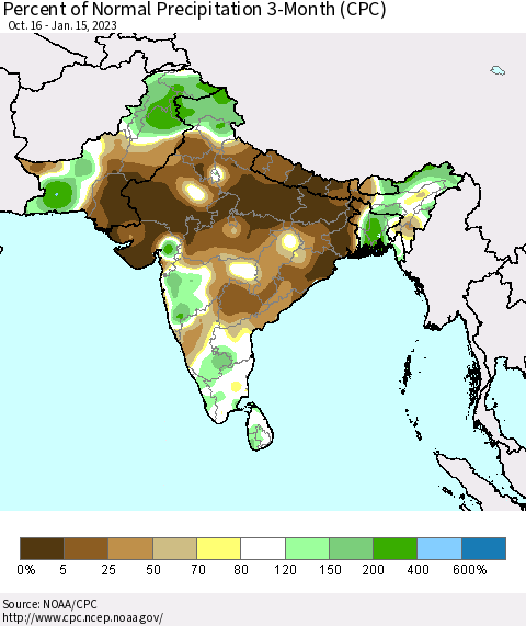 Southern Asia Percent of Normal Precipitation 3-Month (CPC) Thematic Map For 10/16/2022 - 1/15/2023