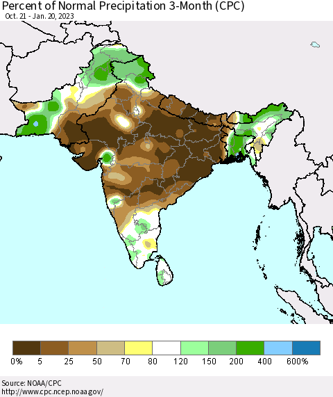 Southern Asia Percent of Normal Precipitation 3-Month (CPC) Thematic Map For 10/21/2022 - 1/20/2023