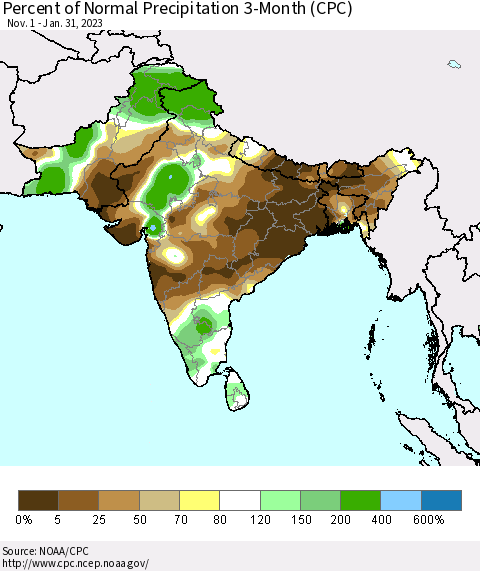 Southern Asia Percent of Normal Precipitation 3-Month (CPC) Thematic Map For 11/1/2022 - 1/31/2023