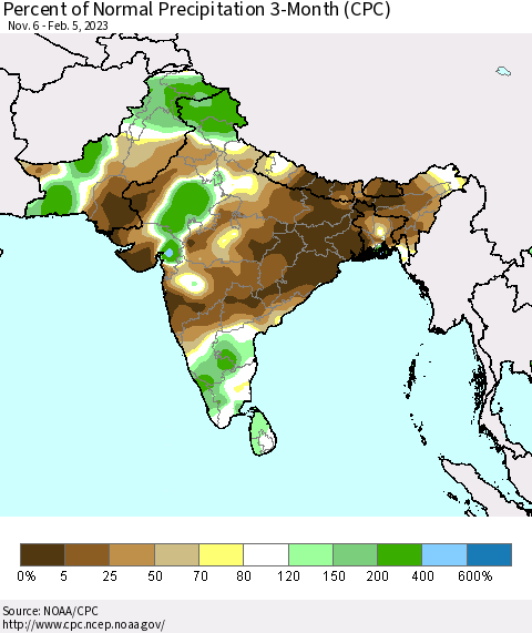 Southern Asia Percent of Normal Precipitation 3-Month (CPC) Thematic Map For 11/6/2022 - 2/5/2023