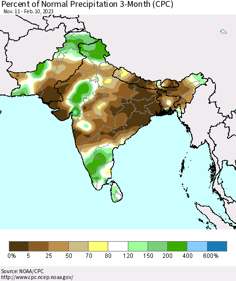 Southern Asia Percent of Normal Precipitation 3-Month (CPC) Thematic Map For 11/11/2022 - 2/10/2023