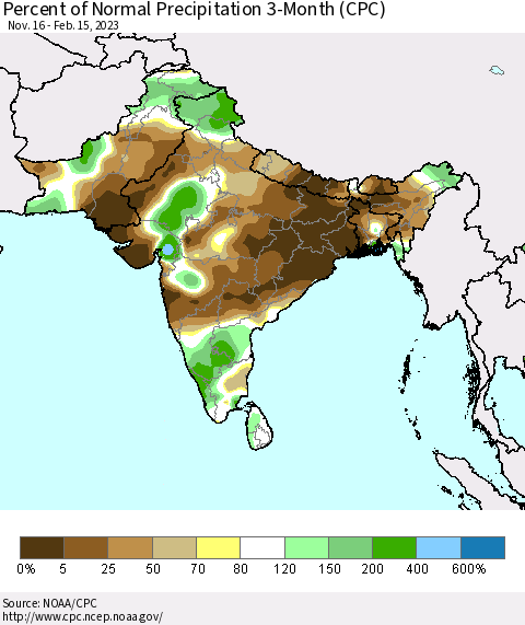 Southern Asia Percent of Normal Precipitation 3-Month (CPC) Thematic Map For 11/16/2022 - 2/15/2023