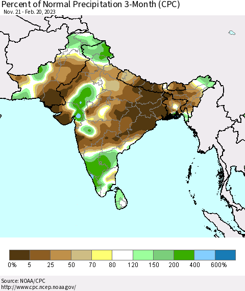 Southern Asia Percent of Normal Precipitation 3-Month (CPC) Thematic Map For 11/21/2022 - 2/20/2023