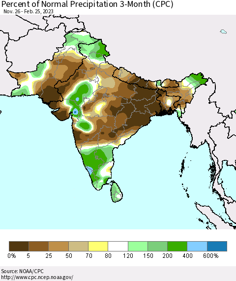Southern Asia Percent of Normal Precipitation 3-Month (CPC) Thematic Map For 11/26/2022 - 2/25/2023