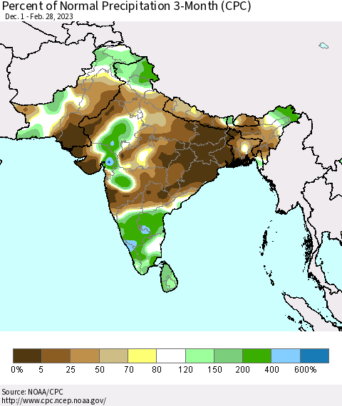 Southern Asia Percent of Normal Precipitation 3-Month (CPC) Thematic Map For 12/1/2022 - 2/28/2023