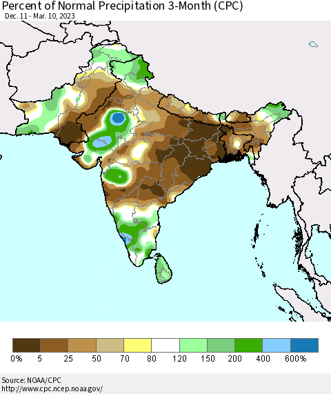 Southern Asia Percent of Normal Precipitation 3-Month (CPC) Thematic Map For 12/11/2022 - 3/10/2023