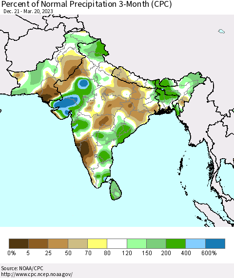 Southern Asia Percent of Normal Precipitation 3-Month (CPC) Thematic Map For 12/21/2022 - 3/20/2023