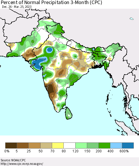 Southern Asia Percent of Normal Precipitation 3-Month (CPC) Thematic Map For 12/26/2022 - 3/25/2023