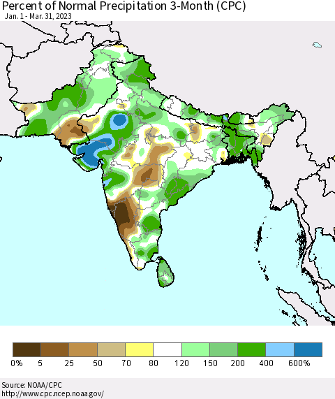 Southern Asia Percent of Normal Precipitation 3-Month (CPC) Thematic Map For 1/1/2023 - 3/31/2023