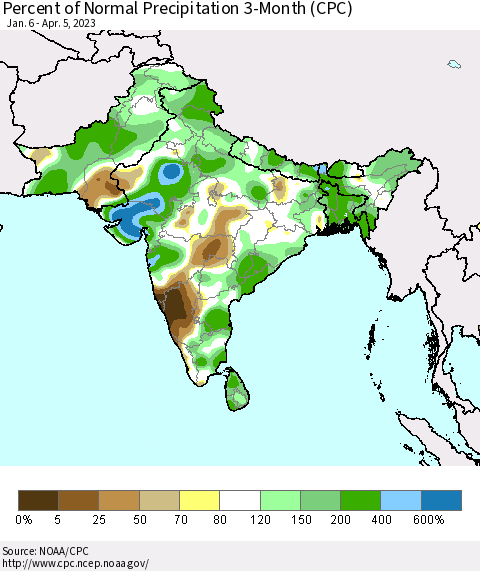 Southern Asia Percent of Normal Precipitation 3-Month (CPC) Thematic Map For 1/6/2023 - 4/5/2023