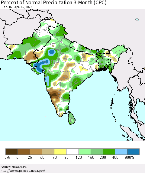 Southern Asia Percent of Normal Precipitation 3-Month (CPC) Thematic Map For 1/16/2023 - 4/15/2023
